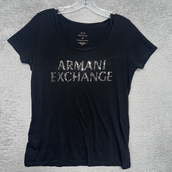 Armani Exchange T Shirt Women's Sz M Black Pima Cotton Metallic Logo Casual Tee - Picture 1 of 6